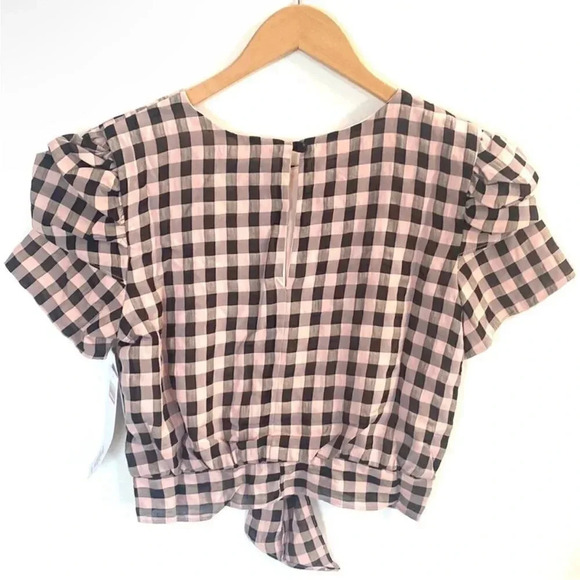 DRESS THE POPULATION Crop Top Size L Short Sleeve Black Pink Plaid Gingham EUC - Picture 3 of 6